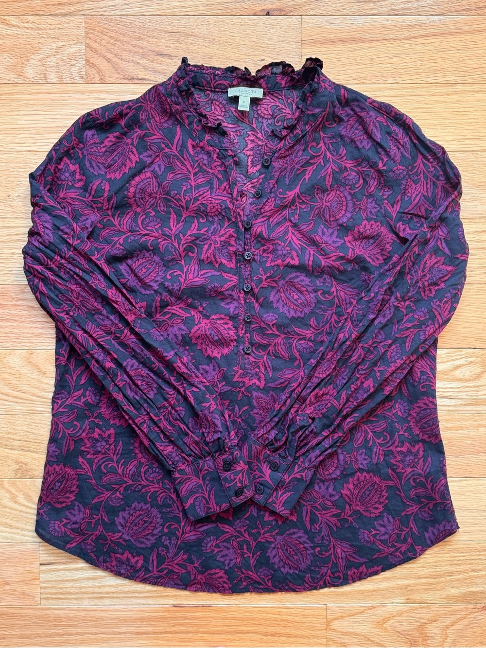 Talbots Purple Paisley Cotton Blouse, Long-Sleeve, Small Petite